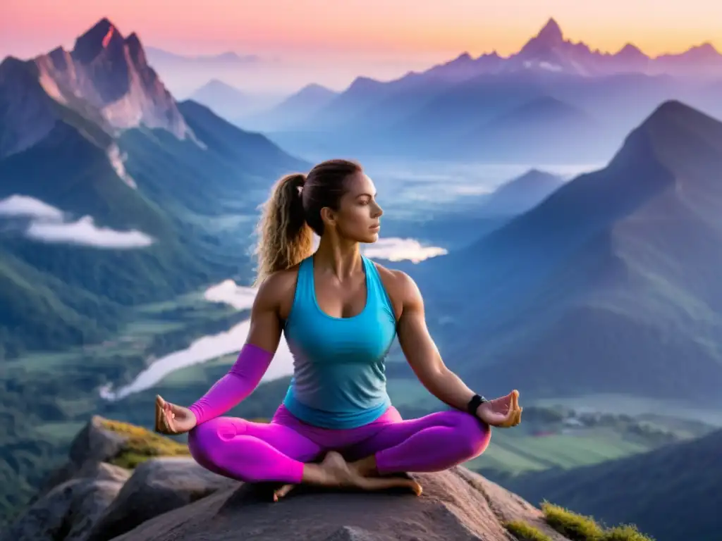 Practicante de yoga en la cima de la montaña al amanecer, usando técnicas de respiración para rendimiento deportivo