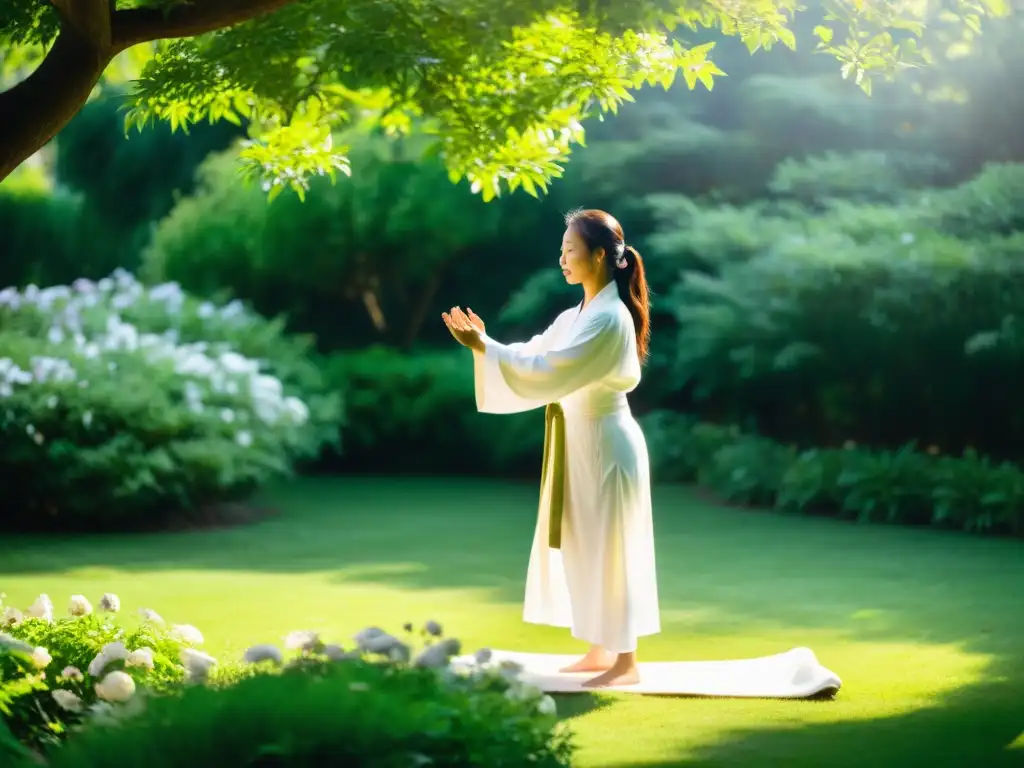 Un practicante de Qi Gong realiza ejercicios de respiración y energía vital en un jardín exuberante, rodeado de naturaleza serena