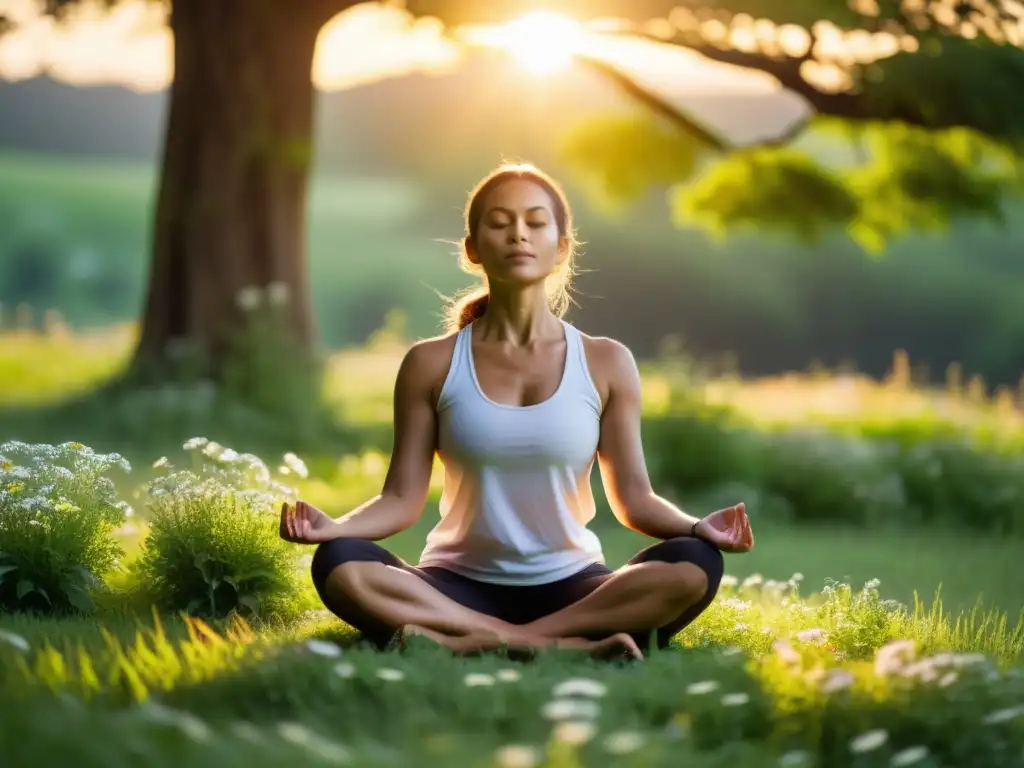 Practicante de yoga en equilibrio, realizando la técnica respiración Anuloma Viloma en un prado verde con flores silvestres