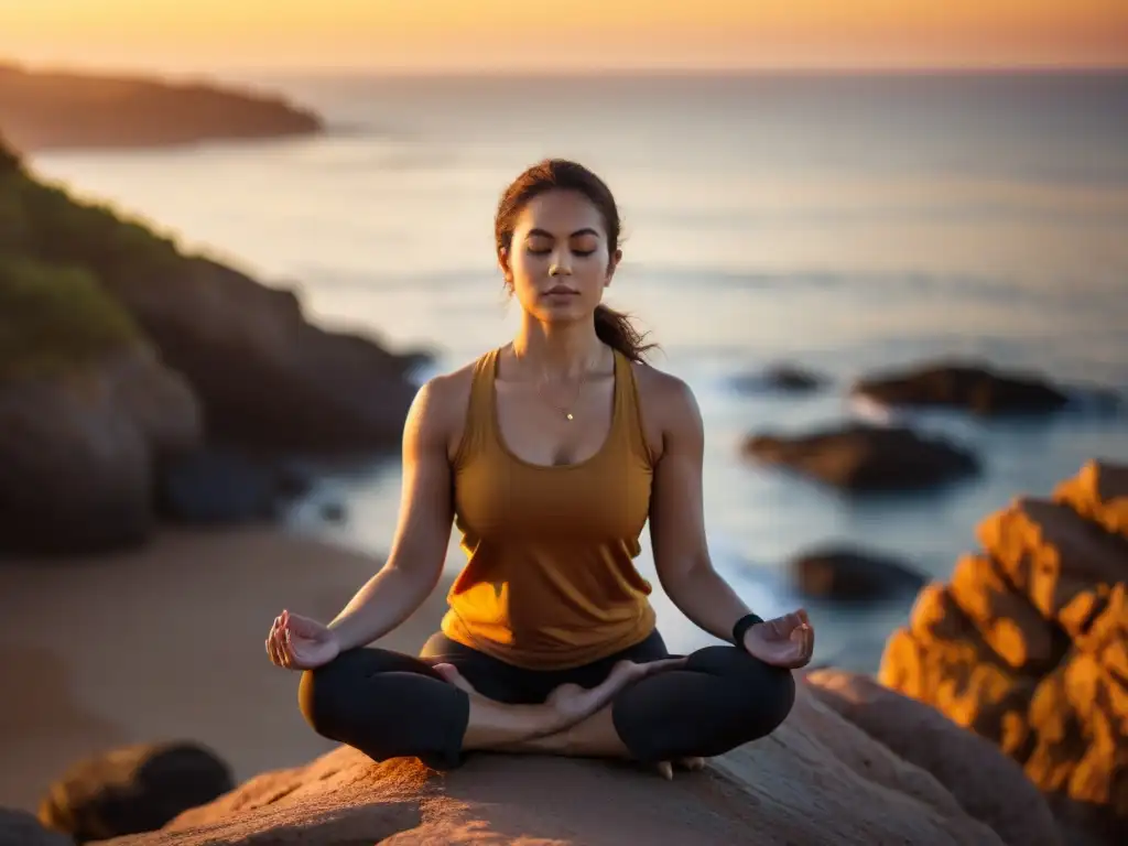 Practicante de yoga en meditación frente al mar al atardecer, transmitiendo serenidad y conexión con la naturaleza, técnicas de respiración para yoga