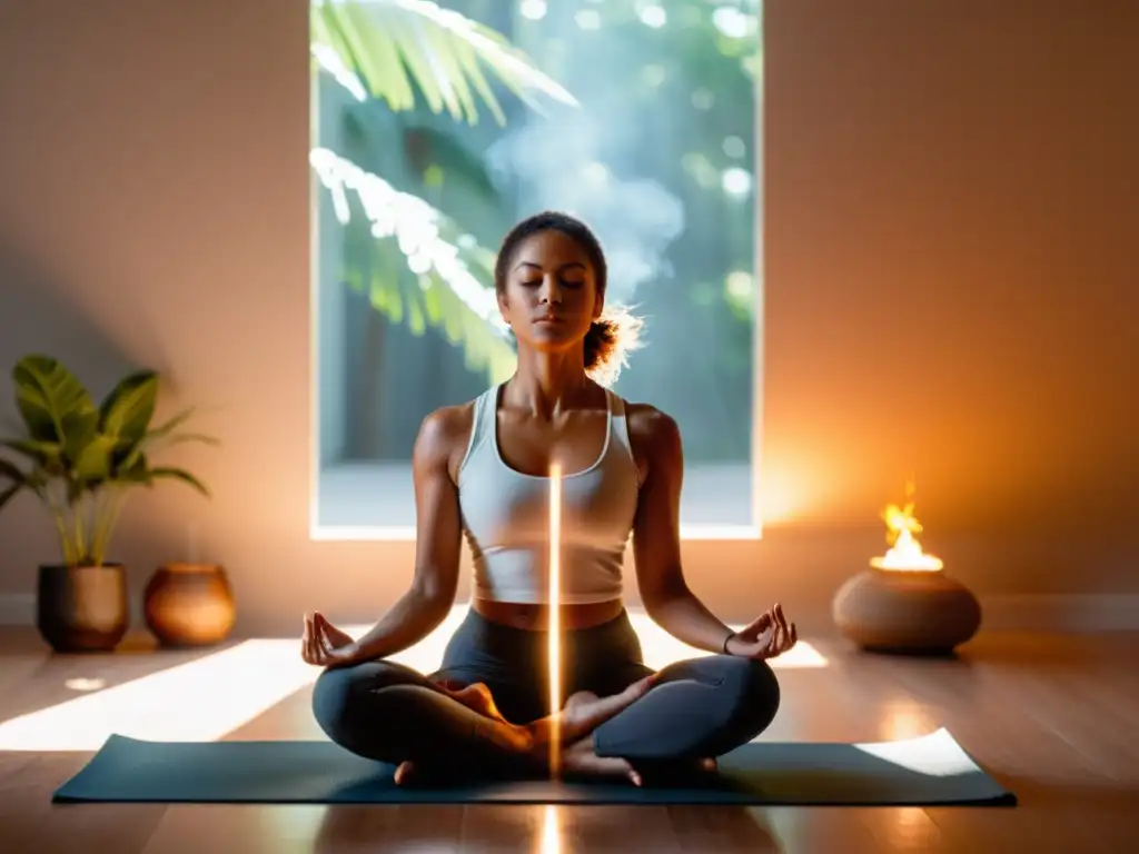 Practicante de yoga respiración fuego, irradiando vitalidad en un estudio sereno