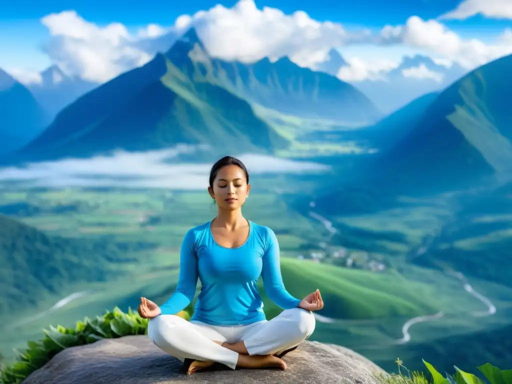 Practicante de yoga en loto en la cima de la montaña, conexión con la evolución de la respiración en yoga y la naturaleza serena