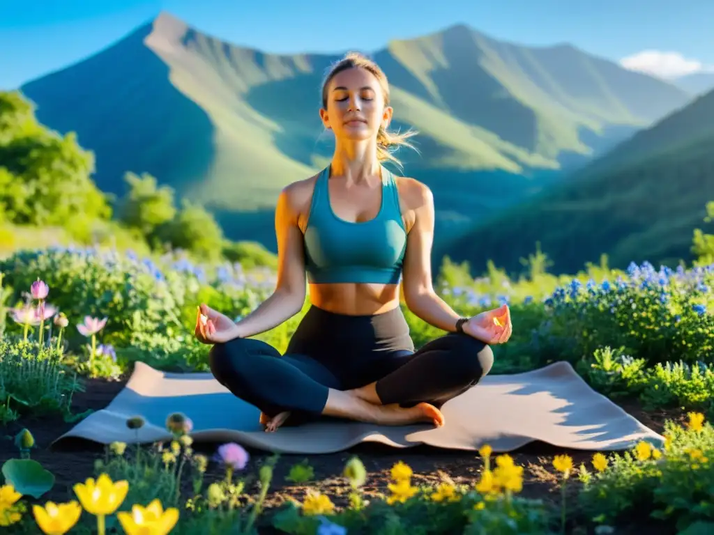 Practicante de yoga en loto, rodeado de montañas y flores silvestres, realizando respiración diafragmática