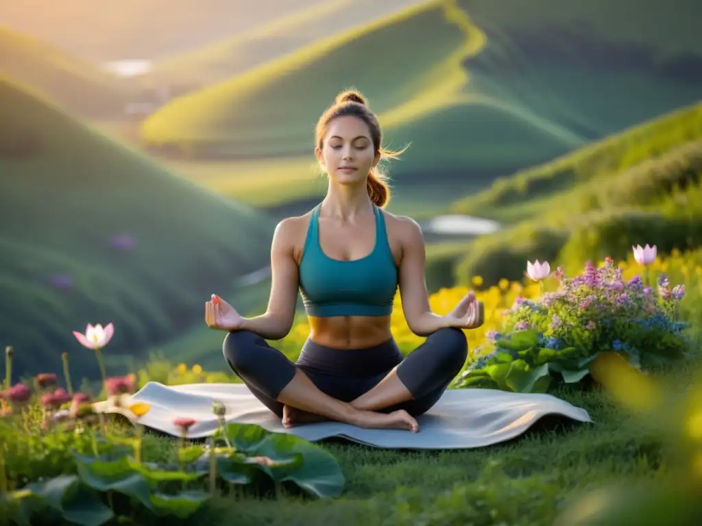 Practicante de yoga en loto disfrutando de la serenidad en la colina, rodeado de flores silvestres