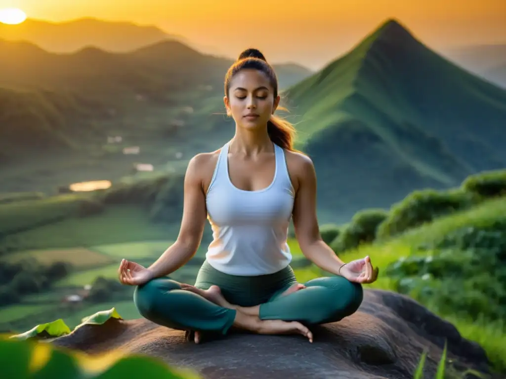 Practicante de yoga en loto sobre montaña verde al amanecer, irradiando calma