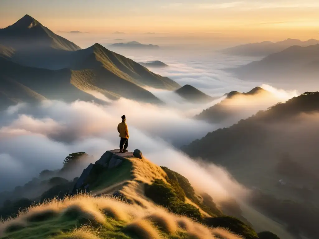 Un practicante de Qi Gong realiza movimientos gráciles en la cima de una montaña neblinosa al amanecer