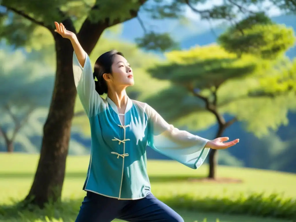 Practicante de Qi Gong en la naturaleza, transmitiendo paz y conexión con la energía vital