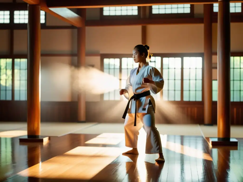 Un practicante de karate realiza una patada en un tradicional dojo, con pilares de madera y suelos pulidos