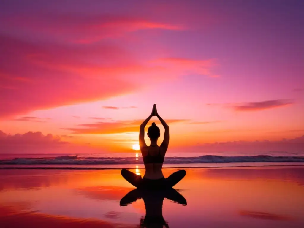 Practicante de yoga en la playa al atardecer, reflejos de cielo naranja y rosado en el agua