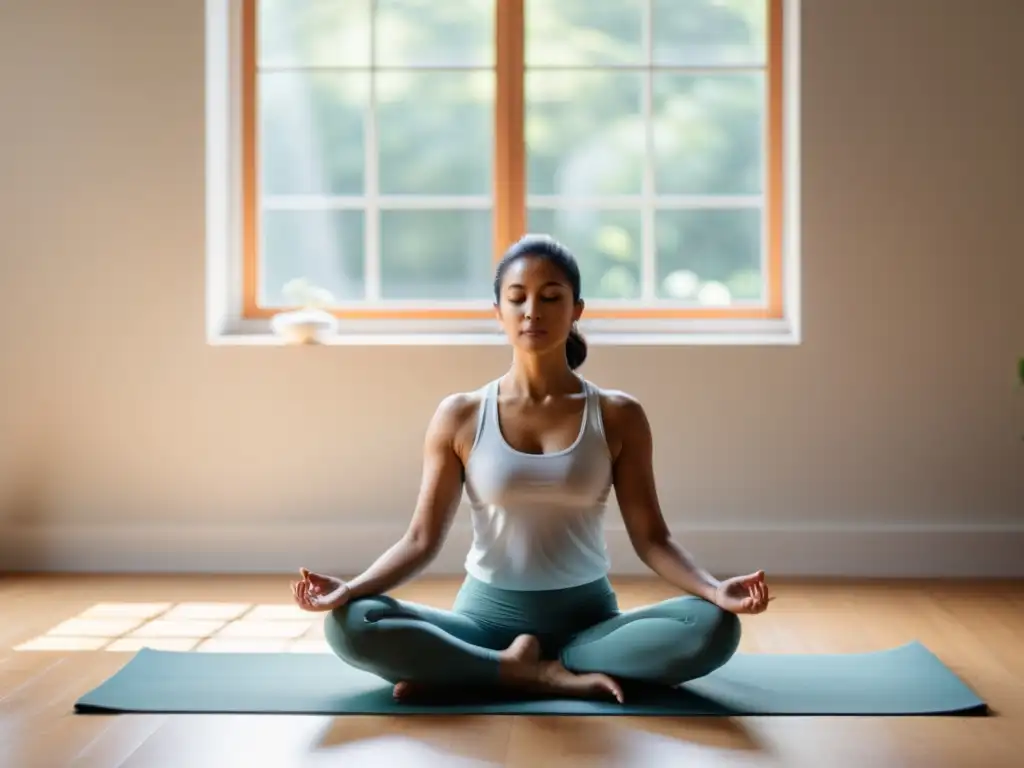 Practicante de yoga en posición de loto, iluminado por luz natural