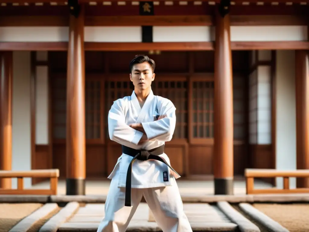 Un practicante de karate en postura meditativa, con técnicas de respiración, en un templo japonés