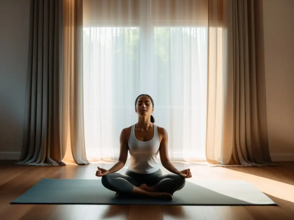 Un practicante de Pranayama en postura tranquila, rodeado de luz suave y espacio minimalista