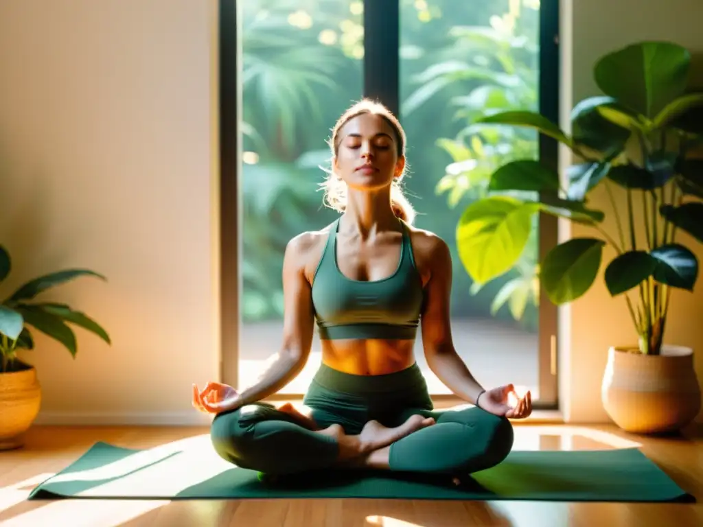 Practicante de pranayama para principiantes meditando en una habitación llena de plantas verdes, emanando serenidad y calma