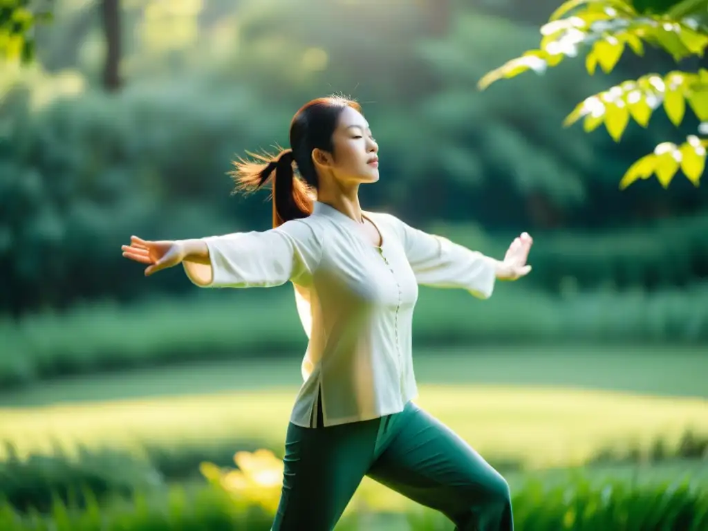 Practicante de Qigong en armonía con la naturaleza, transmitiendo los beneficios de la respiración consciente