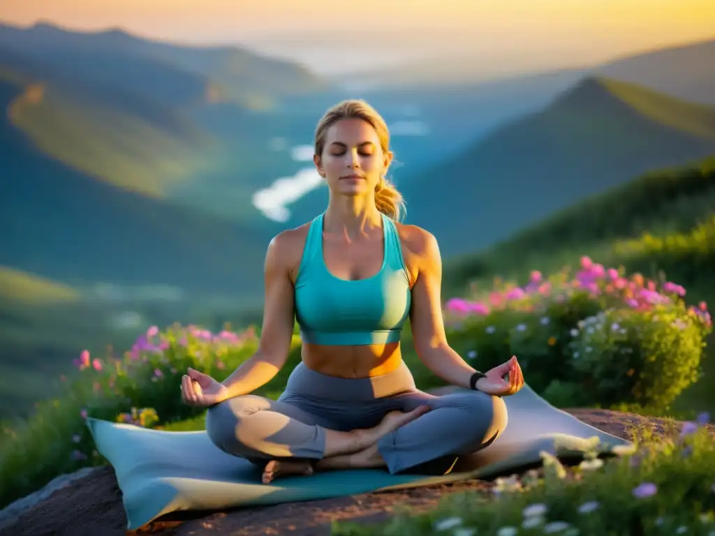 Practicante de yoga en montaña con flores silvestres y amanecer, respiración consciente en la práctica de Yoga