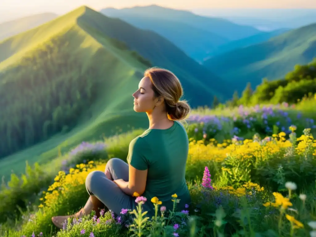 Practicante de respiración consciente para principiantes meditando en la cima de la montaña entre flores silvestres y luz dorada