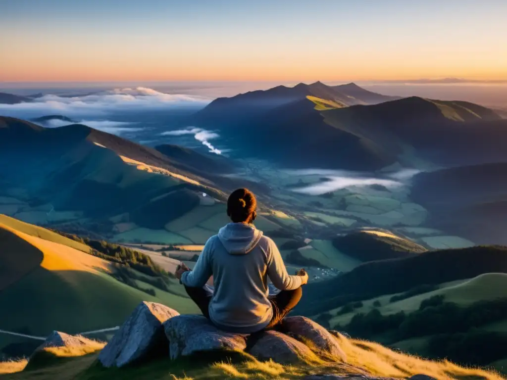 Practicante de respiración holotrópica en la cima de la montaña al amanecer, rodeado de energía y serenidad, conectado con la naturaleza