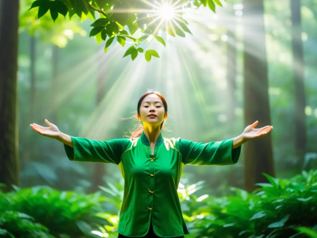 Practicante de Qi Gong respiratorio disfrutando de la serenidad y conexión con la naturaleza en el bosque