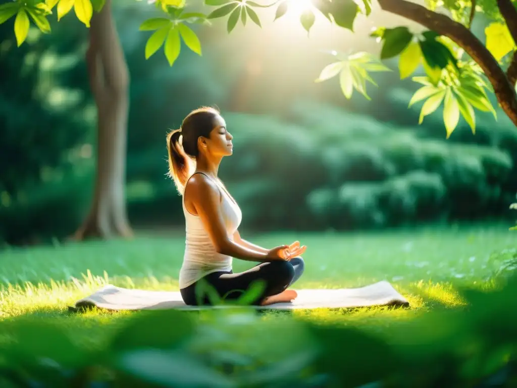 Practicante de pranayama en yoga, rodeado de naturaleza exuberante, irradiando tranquilidad y paz interior