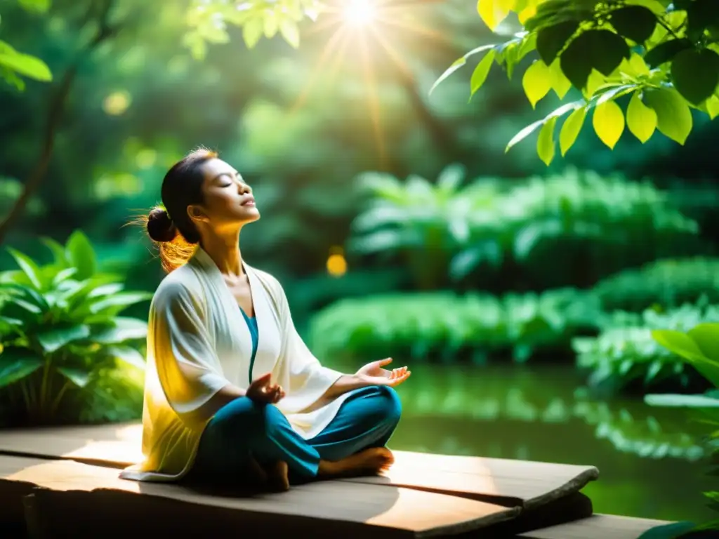 Practicante taoísta en jardín exuberante, ejerciendo prácticas de respiración en Taoísmo con serenidad y enfoque profundo bajo la cálida luz del sol