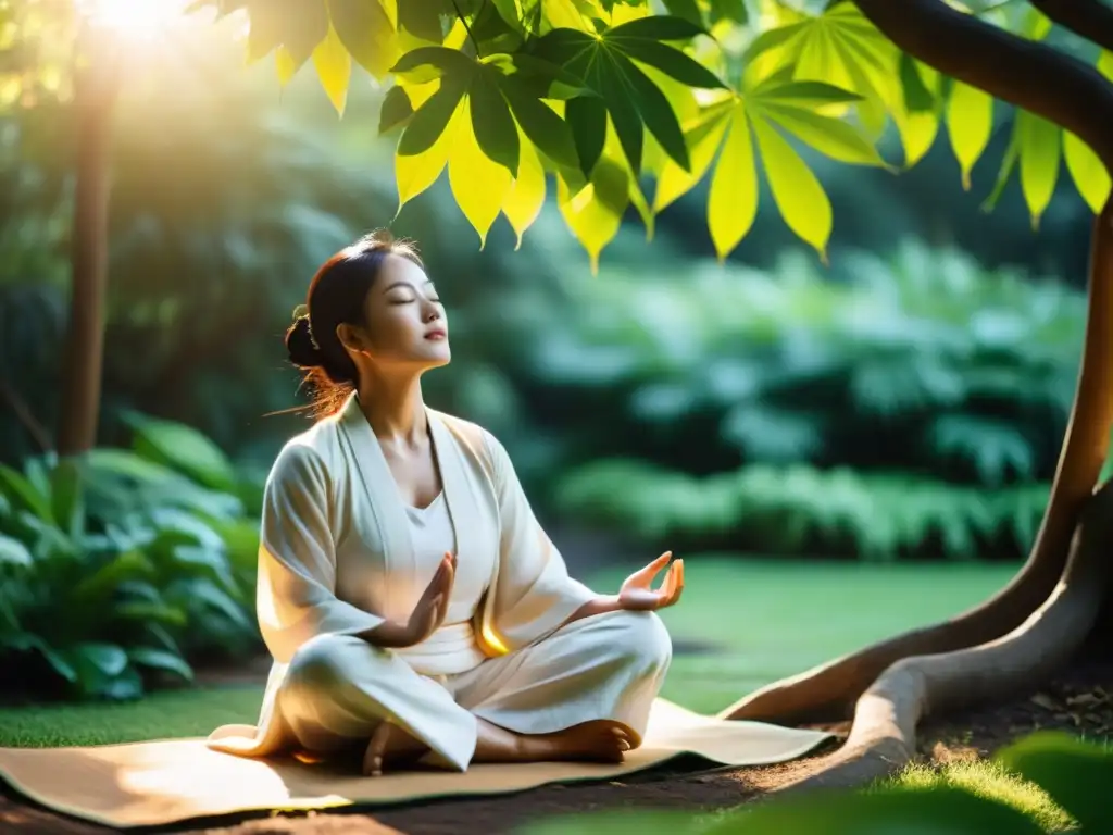 Practicante taoísta meditando en un jardín sereno, con prácticas de respiración en Taoísmo