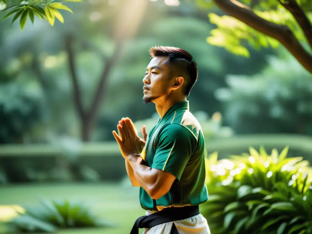 Practicante de Kung Fu realiza técnicas de respiración en un jardín sereno y exuberante, reflejando fuerza y serenidad