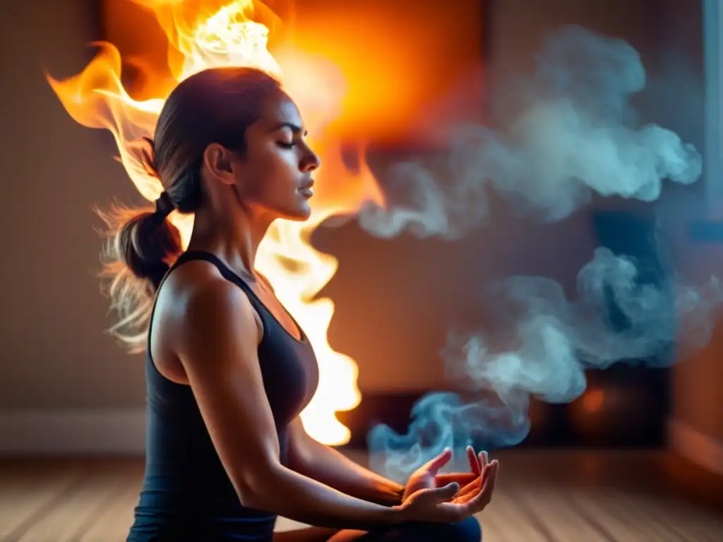 Practicante de yoga concentrado en la técnica de respiración de fuego, emanando vitalidad y calma