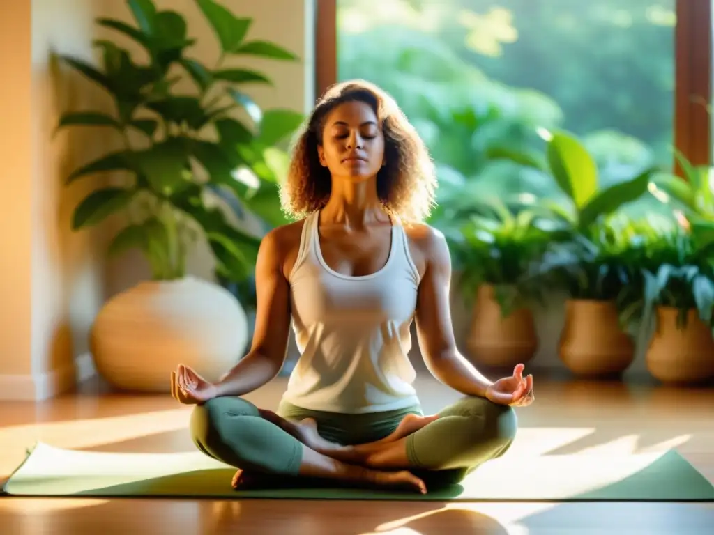 Un practicante de yoga en un estudio soleado, rodeado de plantas verdes, realizando pranayama para concentración