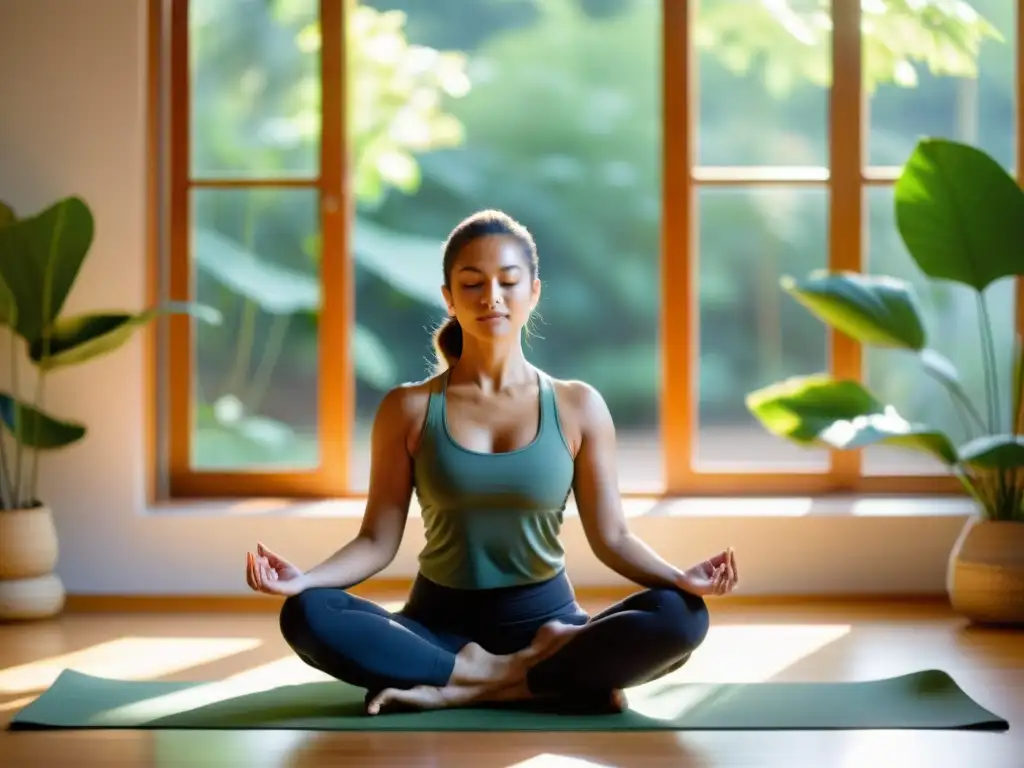 Practicante de yoga en postura de loto rodeado de naturaleza exuberante, irradiando calma y concentración, en un estudio sereno iluminado por el sol