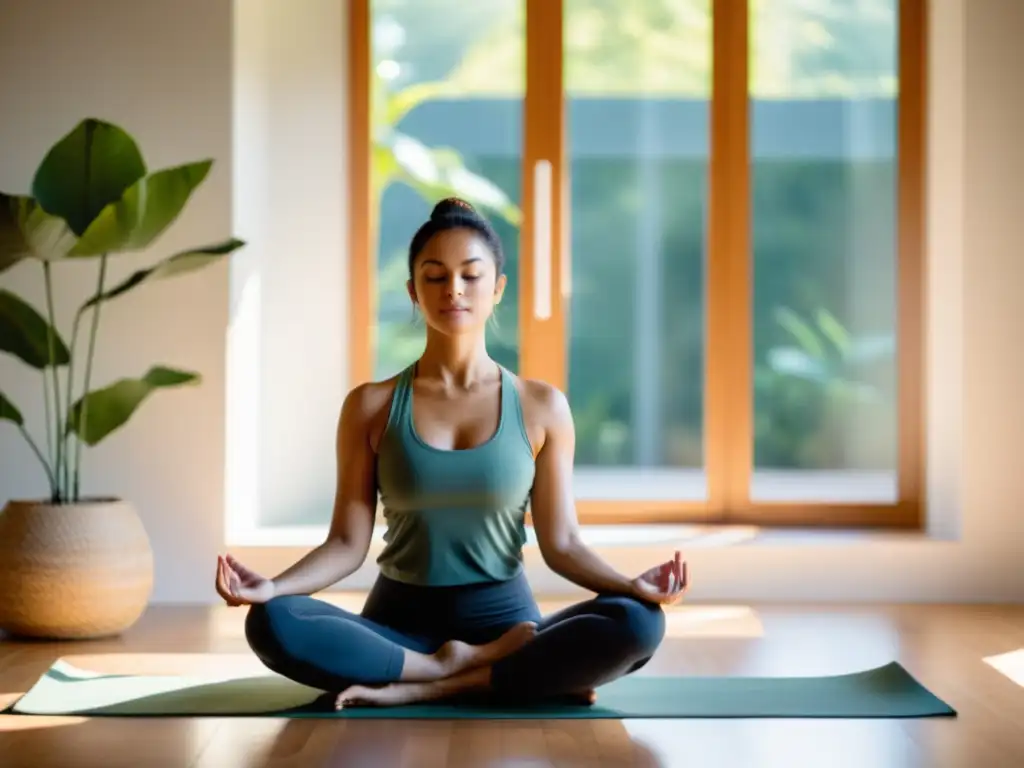 Practicante de yoga en postura de loto, rodeado de luz natural, transmite paz y tranquilidad para técnicas pranayama para mejorar respiración