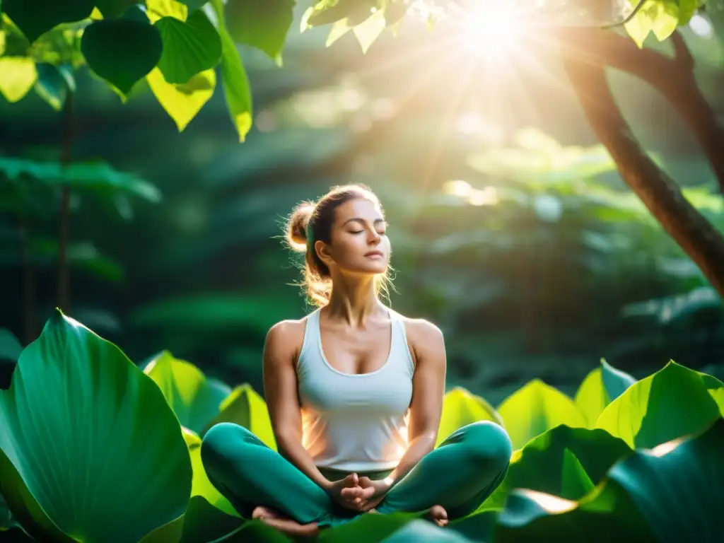 Practicante de yoga en postura de loto, con ojos cerrados, respiración consciente en un bosque verde exuberante