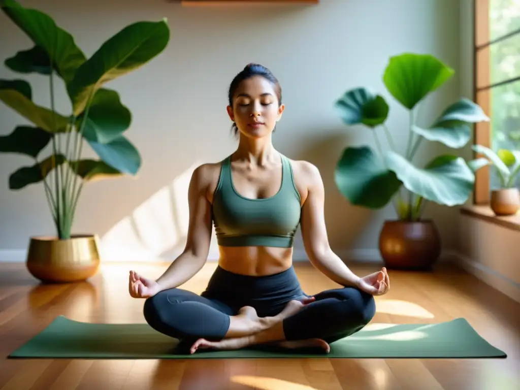 'Practicante de yoga en postura de loto, rodeado de exuberante vegetación en un estudio iluminado por la suave luz natural