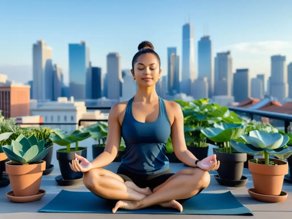 Practicante de yoga en postura de loto en una terraza con vista a la ciudad