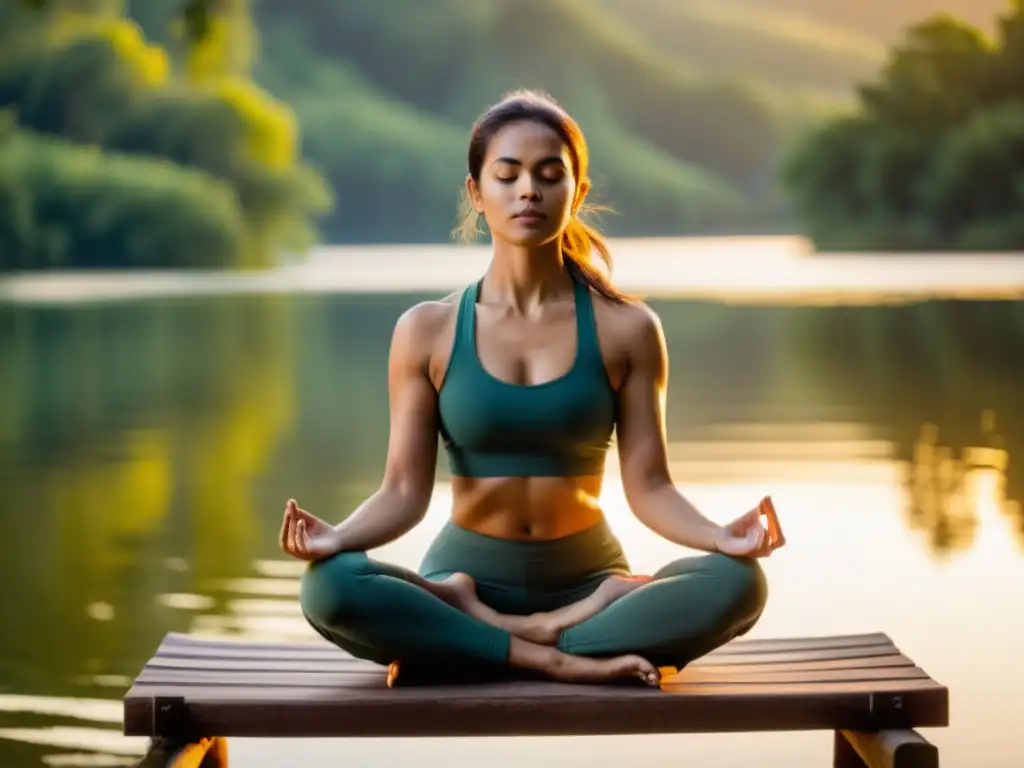 Un practicante de yoga sereno realiza respiración diafragmática en un entorno natural tranquilo con un lago y vegetación exuberante al atardecer