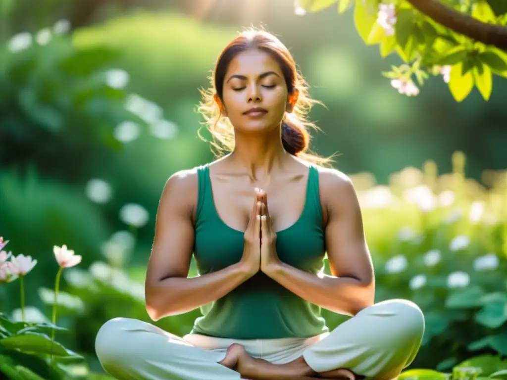 Practicante de yoga meditando en un jardín verde exuberante, realizando la técnica Bhramari Pranayama para aliviar estrés