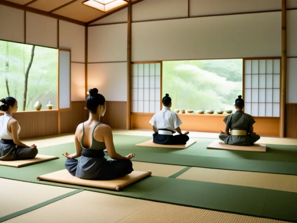 Practicantes de artes marciales en un dojo sereno, mostrando los beneficios de la meditación y respiración en armonía con el entorno natural