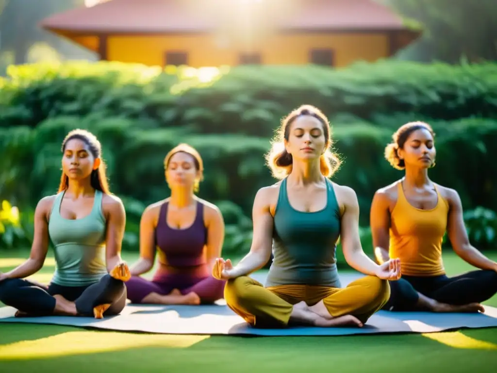 Practicantes de yoga meditan al atardecer en un ashram verde en la India, disfrutando los beneficios de la respiración