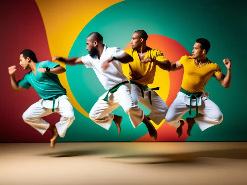 Practicantes de capoeira ejecutan movimientos dinámicos, transmitiendo la energía y la intensidad del Poder de la Respiración en Capoeira