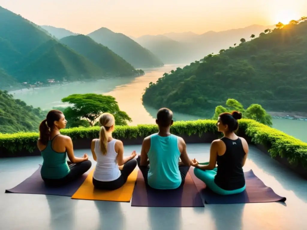 Practicantes de yoga respiran en círculo en Rishikesh, India, junto al río Ganges al atardecer