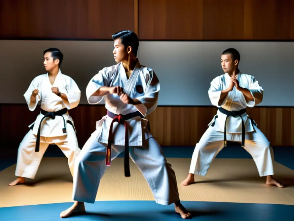 Practicantes de karate ejecutan katas con precisión en un dojo sereno, enfocándose en la técnica y la respiración