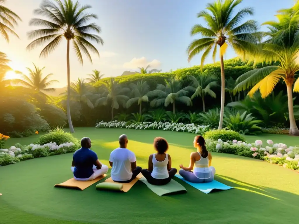 Practicantes de yoga en círculo sobre césped verde, rodeados de palmeras y flores