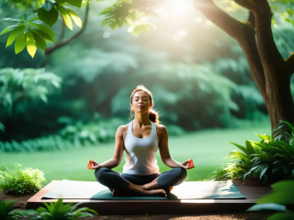 'Prácticas de respiración para yoga: Persona en meditación en entorno natural, transmitiendo calma y serenidad