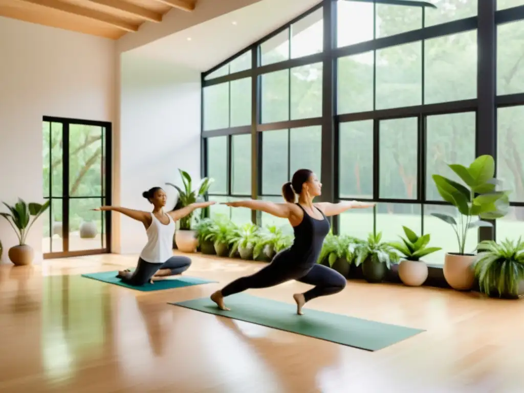 Prácticas de respiración para yoga en un estudio sereno, iluminado por luz natural con practicantes en posturas de yoga y plantas verdes