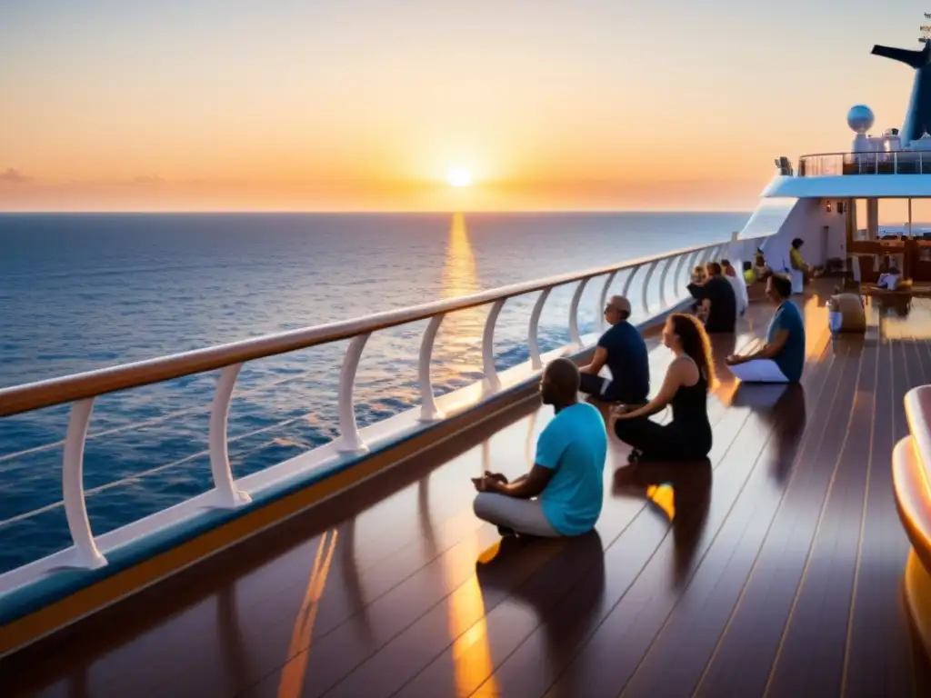 Prácticas de respiración para pulmones sanos en un crucero al atardecer, con pasajeros meditando y disfrutando de la serenidad del mar en 8k