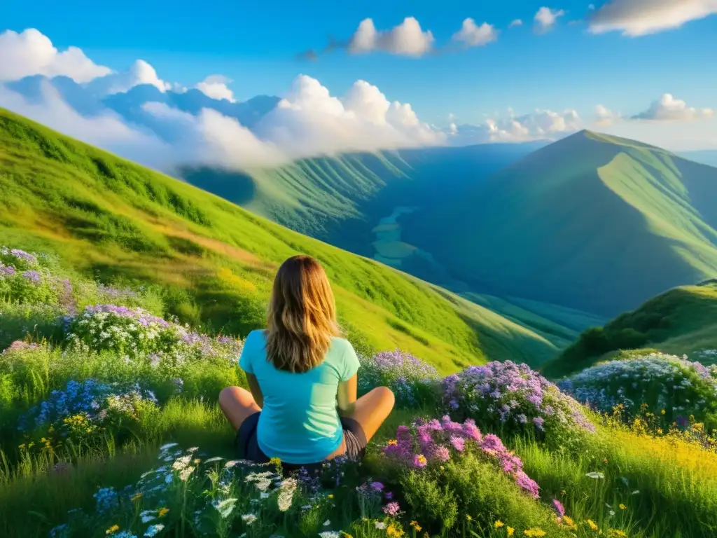 Prácticas de respiración para relajación profunda: persona en meditación en la cima de la montaña, rodeada de naturaleza y tranquilidad