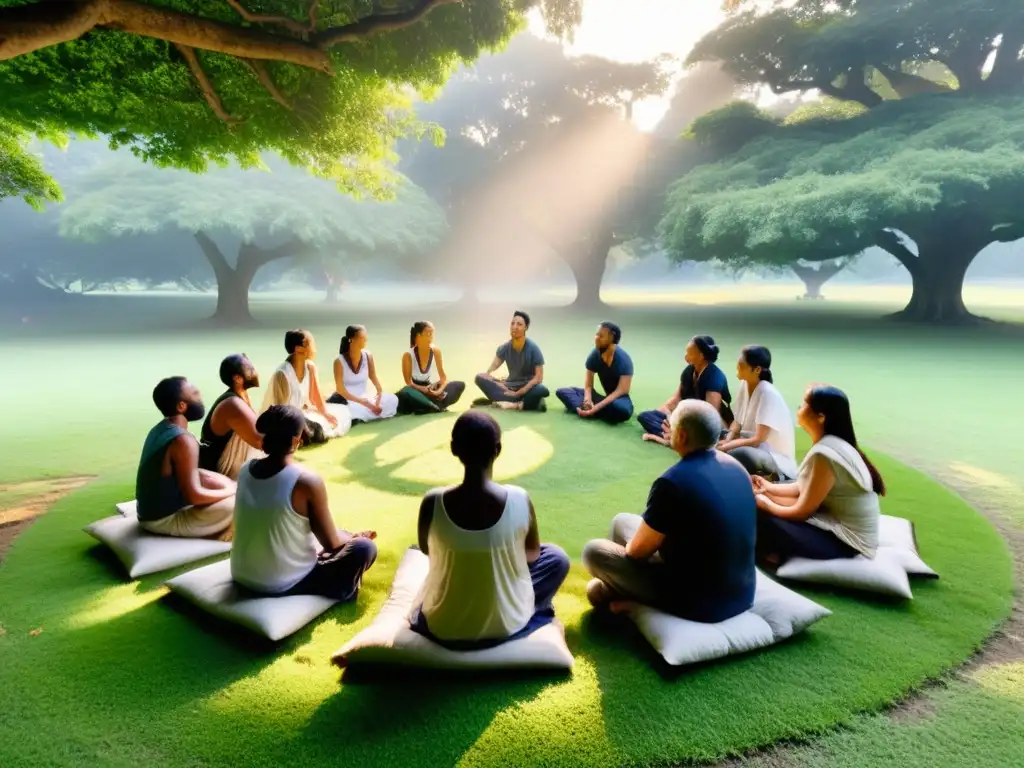 Prácticas de respiración saludable de culturas ancestrales: Personas en círculo en la naturaleza, con ojos cerrados, tranquilidad y conexión