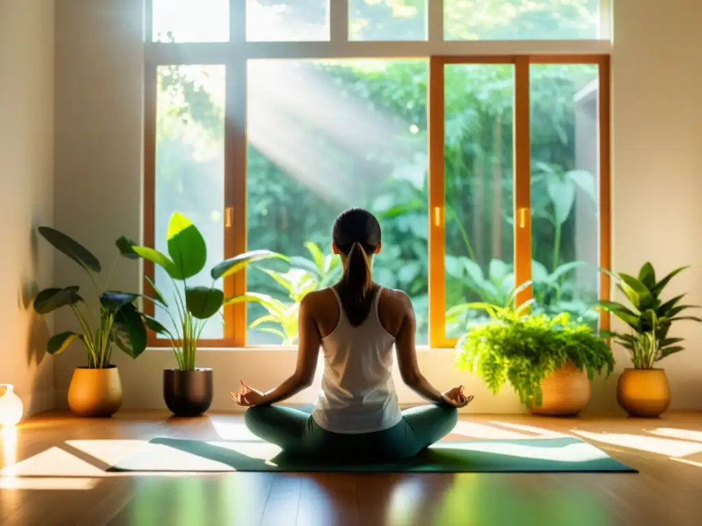 Practicando Pranayama en un ambiente tranquilo, rodeado de plantas verdes, para mejorar la concentración y meditación