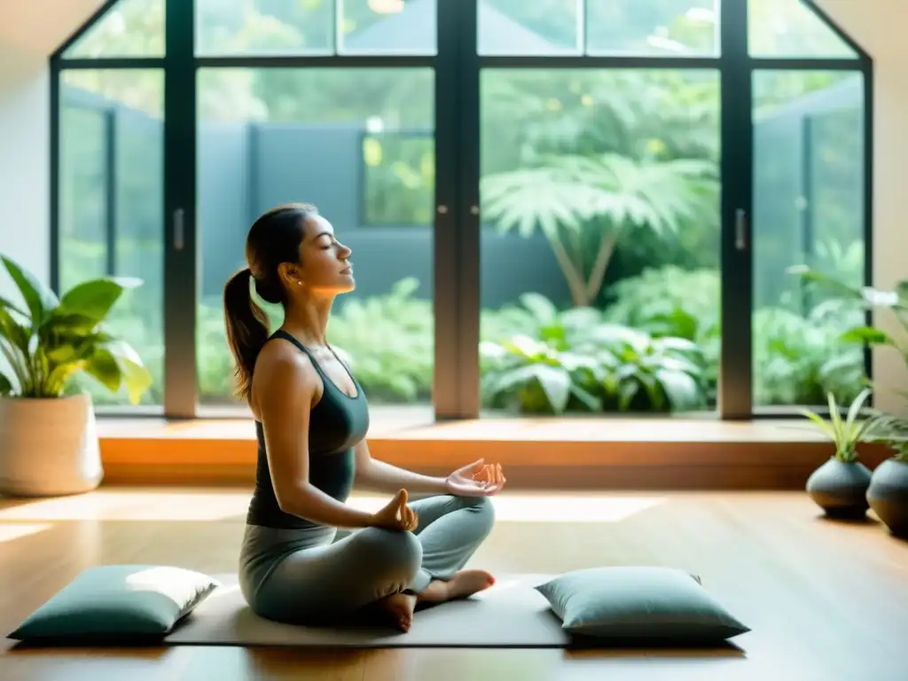 Pranayama para reducir estrés: Persona meditando en un estudio minimalista con luz natural y plantas, transmitiendo calma y concentración