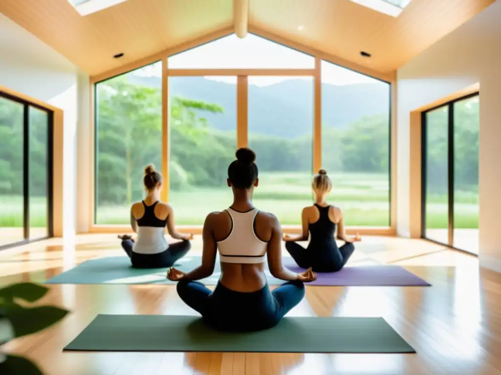 Práctica de Pranayama en estudio de yoga moderno con vista a la naturaleza