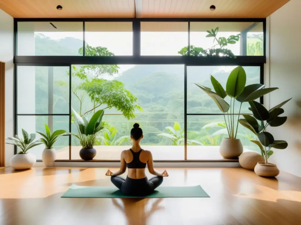 Practicando pranayama en un estudio de yoga sereno en Tailandia, rodeado de naturaleza exuberante y luz natural